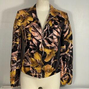 View Black Yellow Pink Floral Zip Stretch Sparkle Metallic Blazer Jacket Small